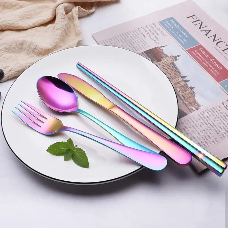 Rainbow Stainless Steel Cutlery Set – 8 Pcs Portable Travel Utensil Kit with Case | Reusable Eco-Friendly Flatware | Mirror Finish & Titanium Coating