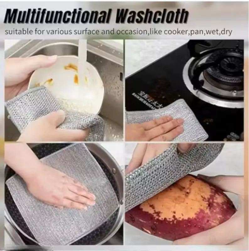 10 Pack Non-Scratch Wire Dishcloth with Cleaning Brush | Reusable Multipurpose Scrubber Cloth | Safe for Kitchen & Household Cleaning