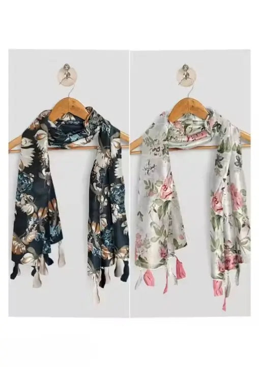 Pack of 2 Printed Chiffon Stoles for Women & Girls | Lightweight Glossy Scarves with Tassels | Stylish Travel-Friendly Wraps