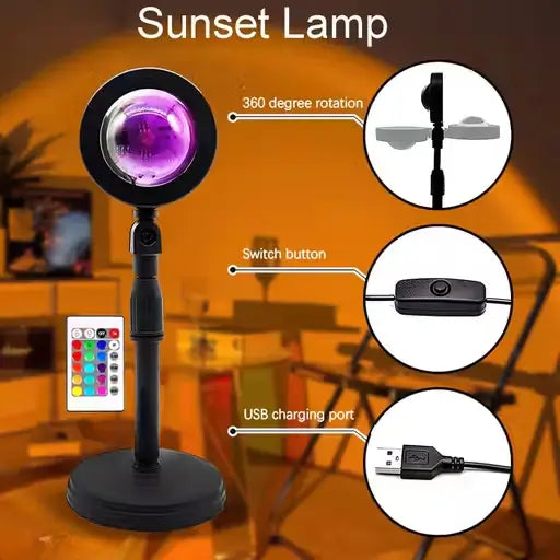 Sunset Lamp Projector | 16 Color LED Night Light with Remote Control | 360° Rotating Ambient Projection Lamp