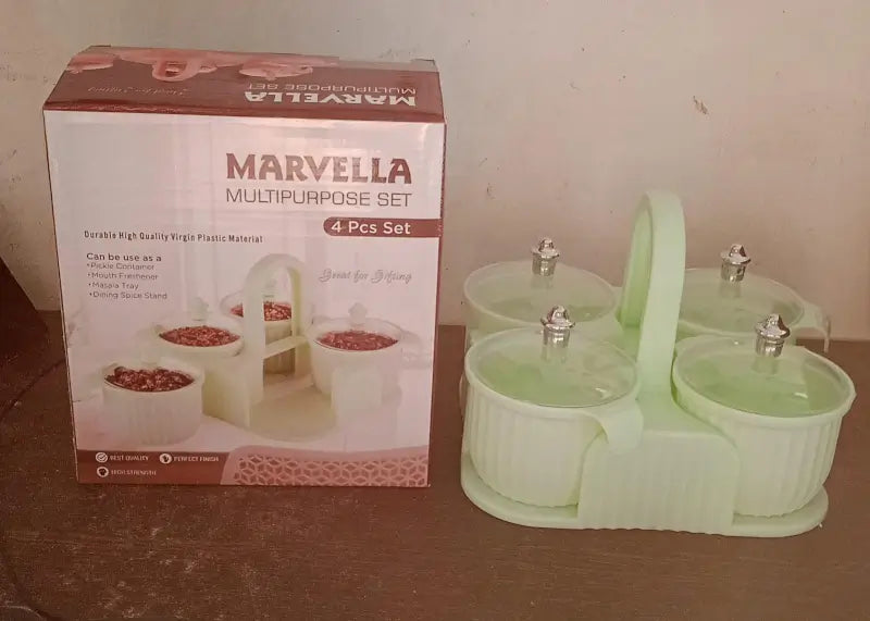 Multipurpose Airtight Dry Fruit & Snack Storage Container Set (4 Pcs) | Transparent Plastic Kitchen Jars with Lid & Tray | Masala, Cookies & Candy Organizer
