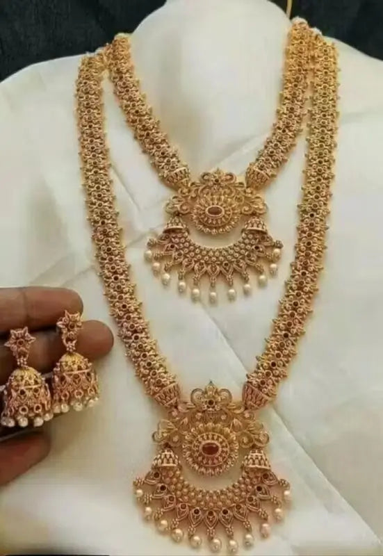 Princess Unique Jewellery Set | Gold-Plated Alloy Haram Necklace with Pearl Work & Earrings | Adjustable Bridal & Festive Set