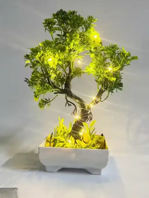 Artificial Bonsai Plant with Cork LED Light | Mini Decorative Plastic Plant | Tabletop Home & Office Décor | Low Maintenance Gift Item