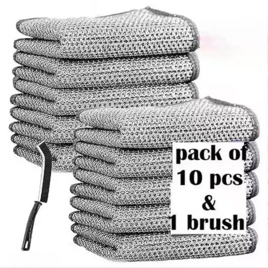 10 Pack Non-Scratch Wire Dishcloth with Cleaning Brush | Reusable Multipurpose Scrubber Cloth | Safe for Kitchen & Household Cleaning