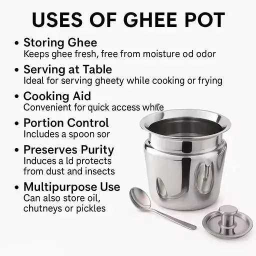 Premium Stainless Steel Ghee Pot (400ml) | Rust-Free Kitchen Storage Container with Lid | Glossy Finish & Wide Mouth Design