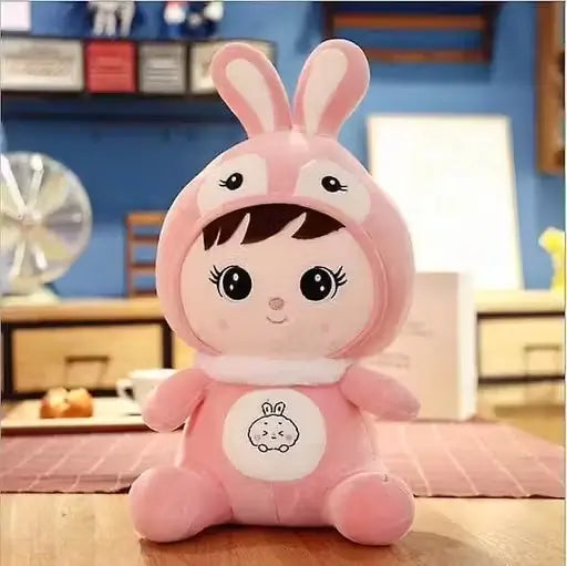 Pink Stuffed Doll with Bunny Cap | Soft Plush Toy for Kids & Girls | Velvet Fabric | Lightweight & Washable