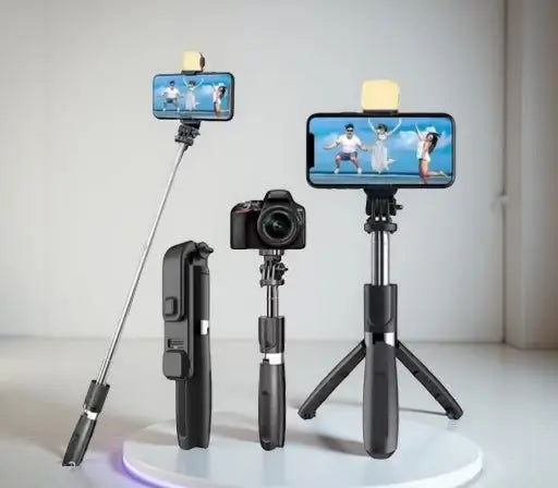 Bluetooth Extendable Selfie Stick with Tripod | Wireless Remote | Rotatable Phone Holder | Built-in Fill Light | Portable Vlogging Stick