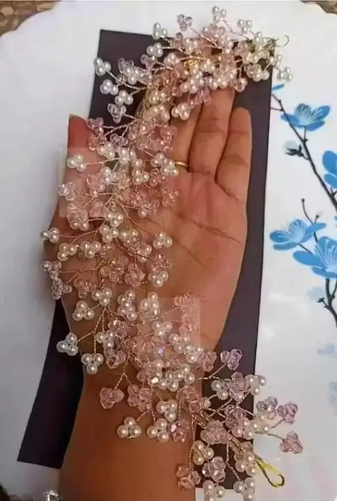 Shimmering Tiara Floral Hair Accessory (Pink) | Crystal Beaded Hair Band | Elegant Wedding & Party Hair Jewelry for Women & Girls