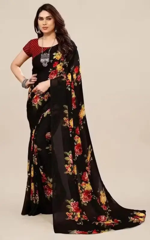 Women’s Designer Georgette Floral Printed Saree with Blouse Piece | Cotton Blend Lightweight Saree | Free Size Party & Festive Wear