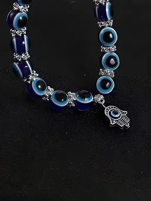 Evil Eye Adjustable Bracelet for Women | Silver-Plated Alloy Beaded Bracelet | Elastic Stretch Fashion Jewelry for Girls