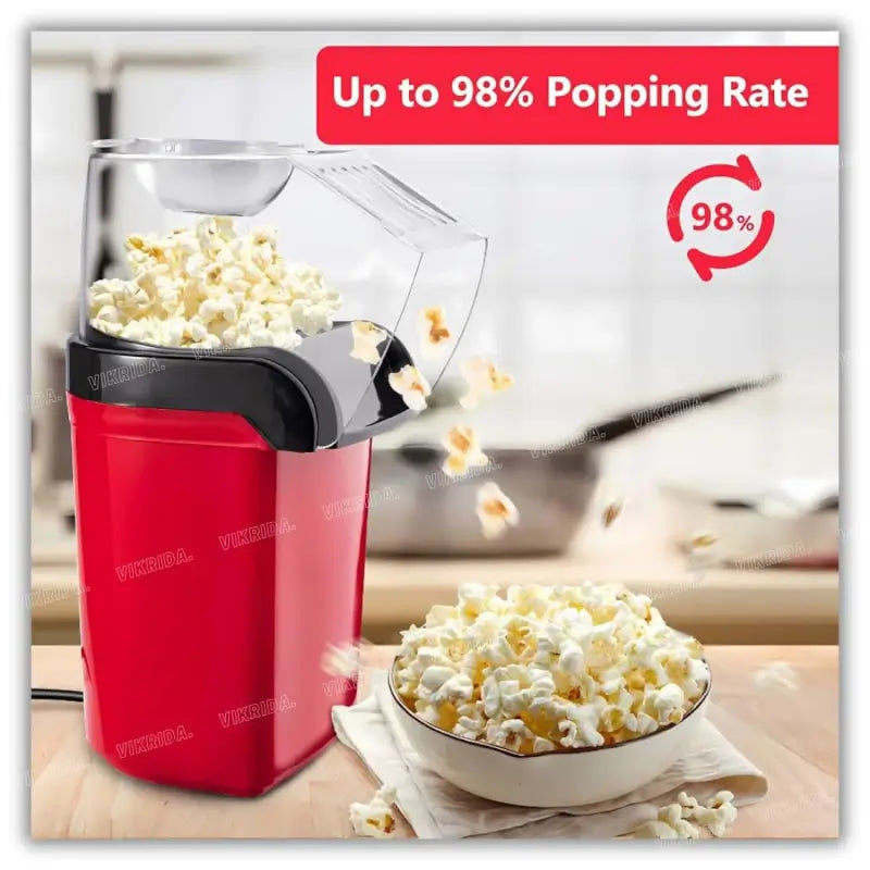 Electric Popcorn Maker | Hot Air Popper Machine | Oil-Free Healthy Snack Maker | Instant Corn Popper for Home | Compact Kitchen Appliance (Red)