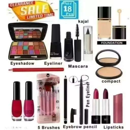 18-Piece Face Makeup Kit for Women | All-in-One Beauty Combo Set | Foundation, Lipsticks, Kajal, Mascara & Brushes | Daily & Party Use