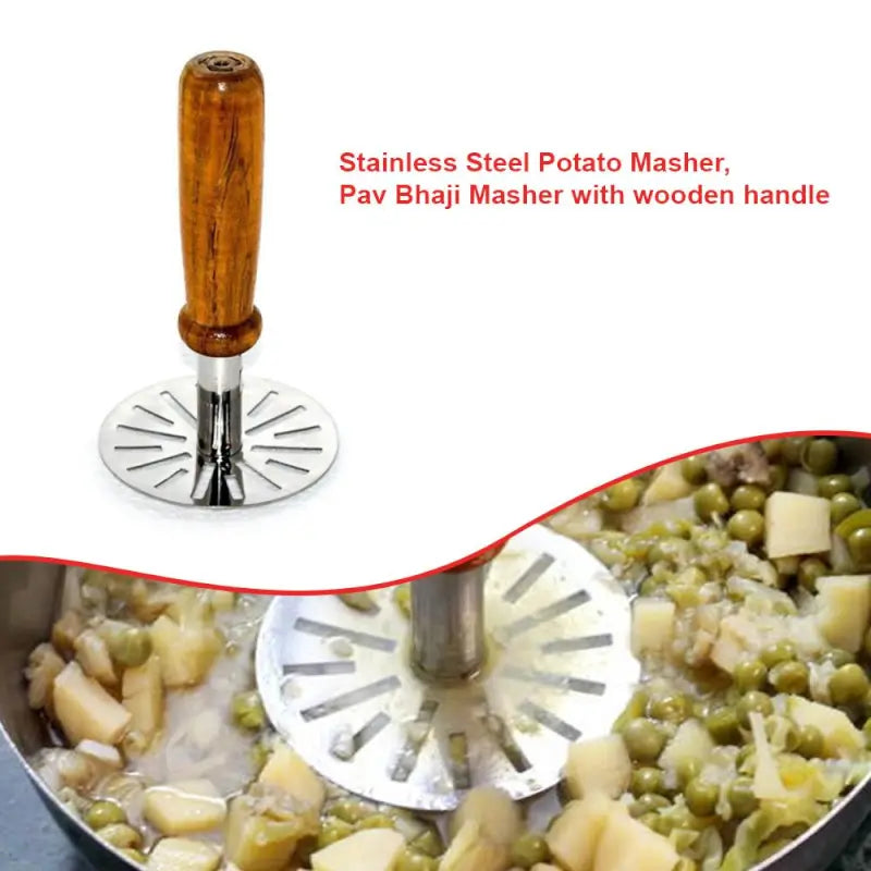 MashPro Stainless Steel Potato Masher – Wooden Handle Kitchen Tool