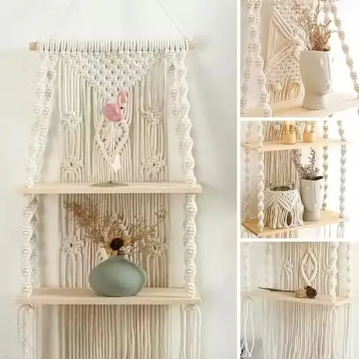 Handcrafted Cotton Rope Wall Hanging Shelf | Macrame Plant Hanger & Floating Decor | Wooden Wall Organizer for Home Décor
