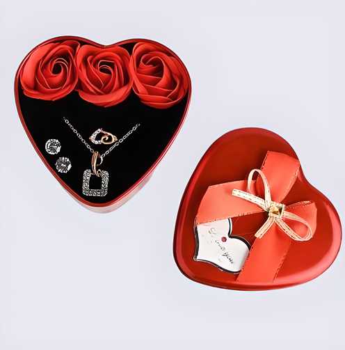 Sparkling Love Jewelry & Artificial Rose in Heart Box – Romantic Valentine Gift