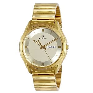 Titan Stylish Analog Watch – Gold Finish with Day & Date Display