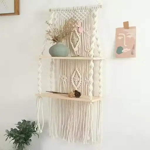 Handcrafted Cotton Rope Wall Hanging Shelf | Macrame Plant Hanger & Floating Decor | Wooden Wall Organizer for Home Décor
