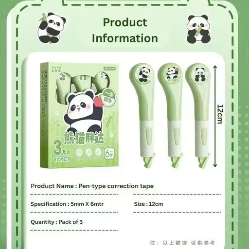 PandaFix Correction Tape Pens – Cute Panda Eraser Tape Set (Pack of 3)