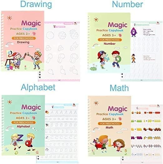 Sank Magic Practice Copybook Set (4 Books, 1 Pen, 1 Grip, 10 Refills) – Complete Handwriting & Learning Kit for Kids
