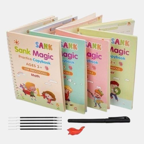 Sank Magic Practice Copybook Set (4 Books, 1 Pen, 1 Grip, 10 Refills) – Complete Handwriting & Learning Kit for Kids