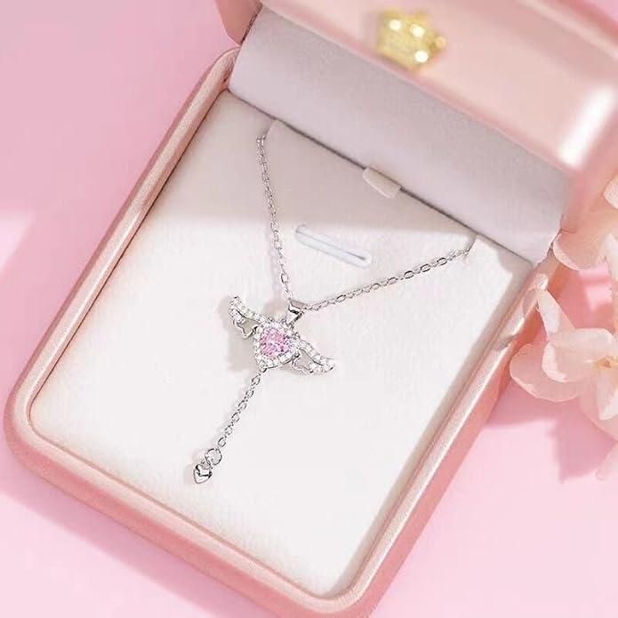 Love Silver Plated Chain with Heart Angel Wings Pendant – Romantic Gift Necklace