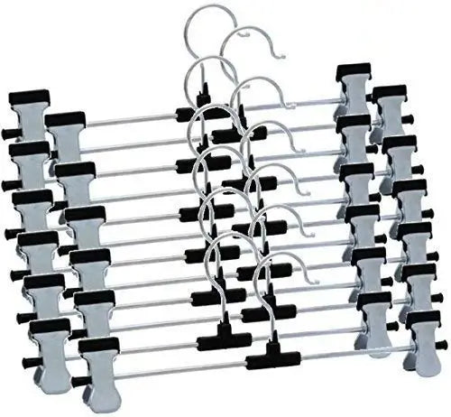 Stainless Steel Adjustable Clip Hangers Set (12 Pieces) | Non-Slip Metal Hangers for Pants, Skirts & Clothes
