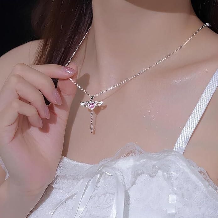 Love Silver Plated Chain with Heart Angel Wings Pendant – Romantic Gift Necklace