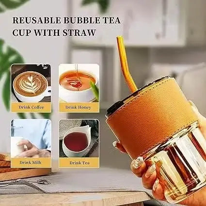 Kosh Glass Tumbler with Lid & Straw (435 ml) | Heat-Resistant Sleeve | Leak-Proof PP Lid | Reusable Travel Coffee Cup