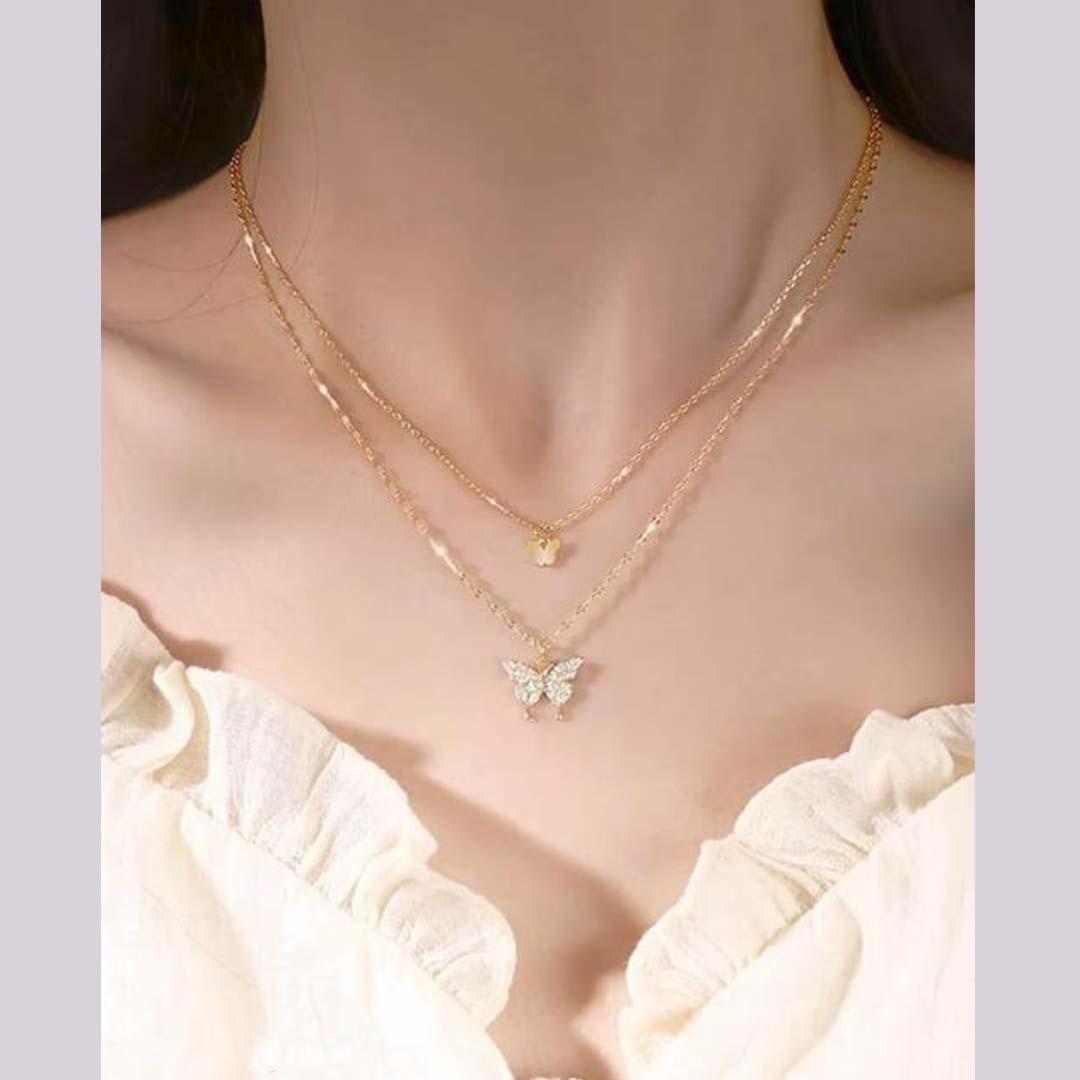 Elegant Double Layer Clavicle Chain Necklace – Gold Butterfly Zircon Pendant