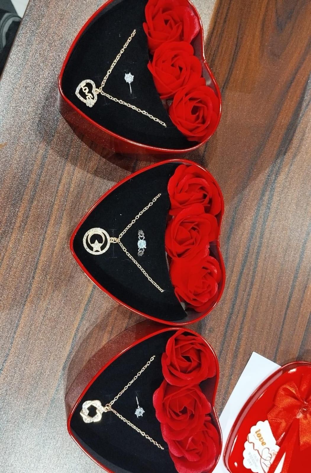 Sparkling Love Jewelry & Artificial Rose in Heart Box – Romantic Valentine Gift