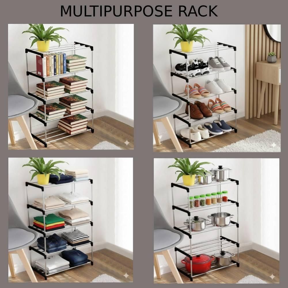 SpaceStack 4-Tier Metal Storage Rack – Multi-Purpose Organiser for Shoes, Books, Kitchen & Home | Space-Saving Vertical Stand