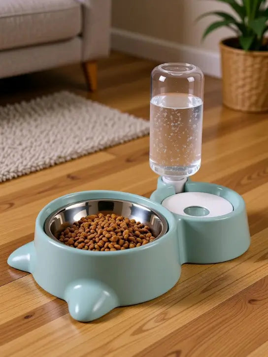 2-in-1 Automatic Pet Feeder Bowl with Water Dispenser | Stainless Steel Food Bowl | Anti-Slip Base | Feeding Set for Dogs & Cats