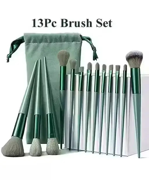 Professional FIX+ Makeup Brush Set (13 PCS) | Green Cosmetic Brushes | Soft Imitation Badger Hair | Complete Beauty Tool Kit