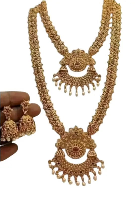 Princess Unique Jewellery Set | Gold-Plated Alloy Haram Necklace with Pearl Work & Earrings | Adjustable Bridal & Festive Set