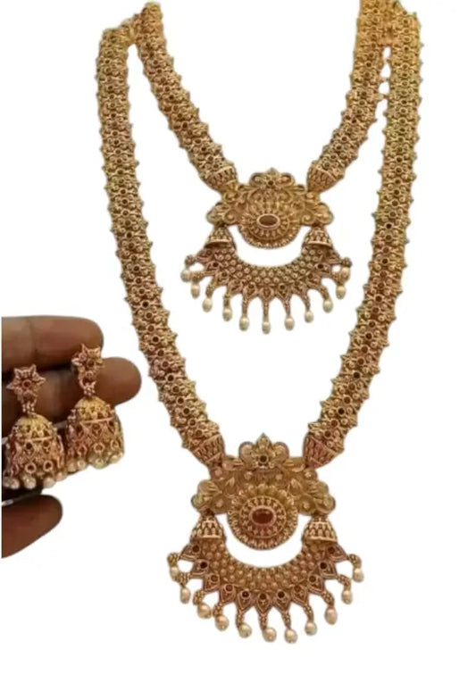 Princess Unique Jewellery Set | Gold-Plated Alloy Haram Necklace with Pearl Work & Earrings | Adjustable Bridal & Festive Set