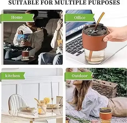 Kosh Glass Tumbler with Lid & Straw (435 ml) | Heat-Resistant Sleeve | Leak-Proof PP Lid | Reusable Travel Coffee Cup