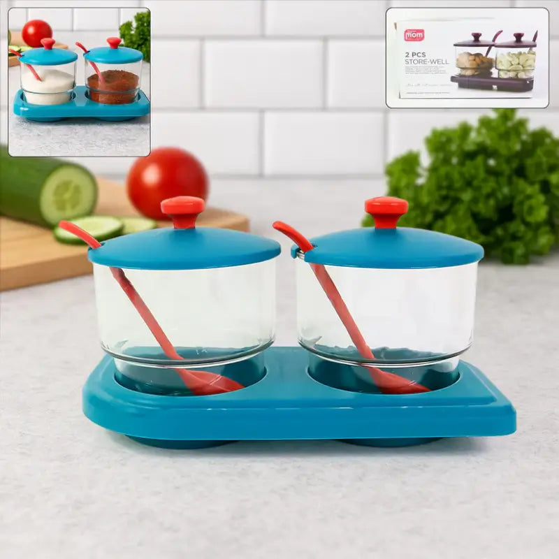Storewell Multipurpose Spice & Condiment Container Set (2 Pc) | Kitchen Storage Jars with Tray & Spoons