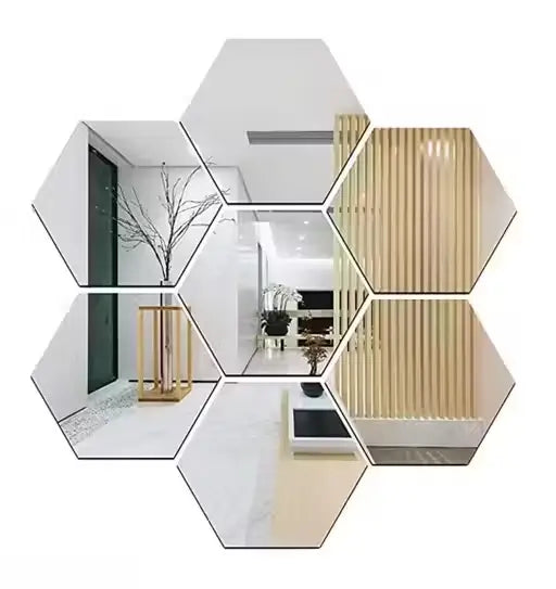 3D Hexagon Silver Acrylic Mirror Wall Stickers with Butterfly Set | 7 Hexagon + 10 Butterfly Decorative Stickers | Modern Home & Office Wall Décor