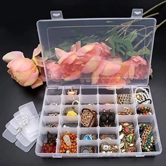 CrystalStore 36 Grid Organizer Box – Transparent Jewelry Storage with Adjustable Dividers
