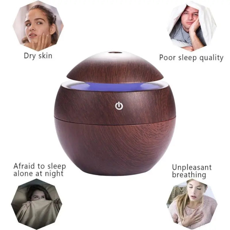 AromaGlow Wooden Humidifier – Essential Oil Diffuser with 7-Color LED Light (130ml)