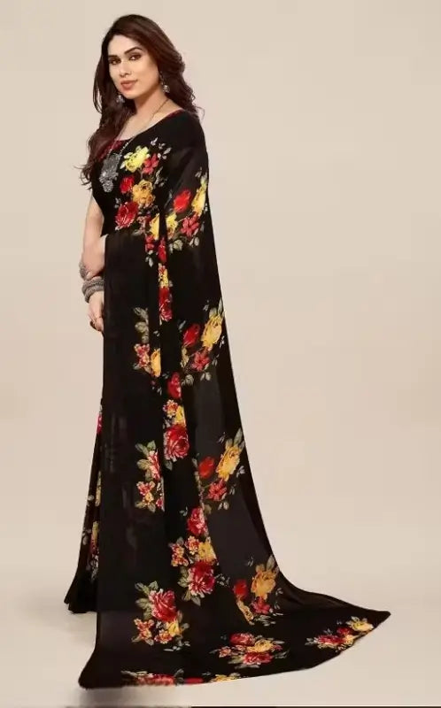 Women’s Designer Georgette Floral Printed Saree with Blouse Piece | Cotton Blend Lightweight Saree | Free Size Party & Festive Wear