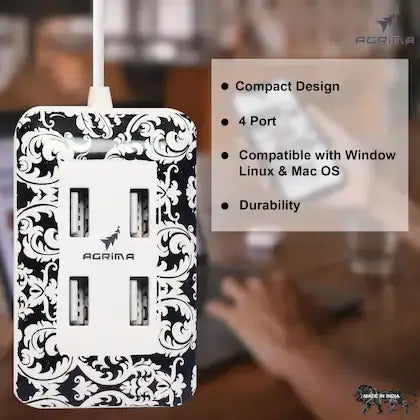AGRiMA Designer Floral USB Hub | USB 2.0 Multi-Port Data Splitter | Compact & Stylish USB Hub for Laptop & Computer