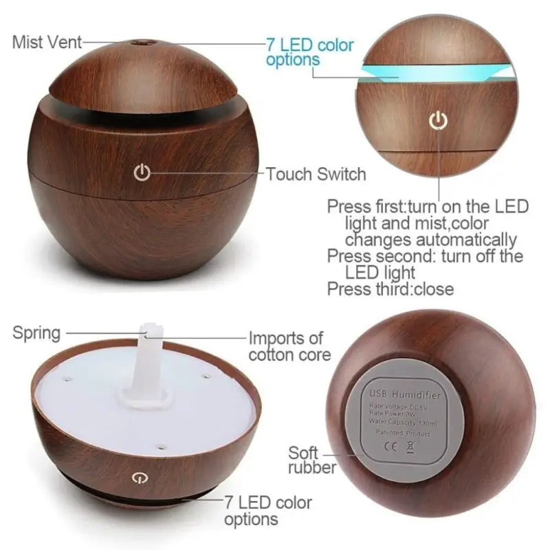 AromaGlow Wooden Humidifier – Essential Oil Diffuser with 7-Color LED Light (130ml)
