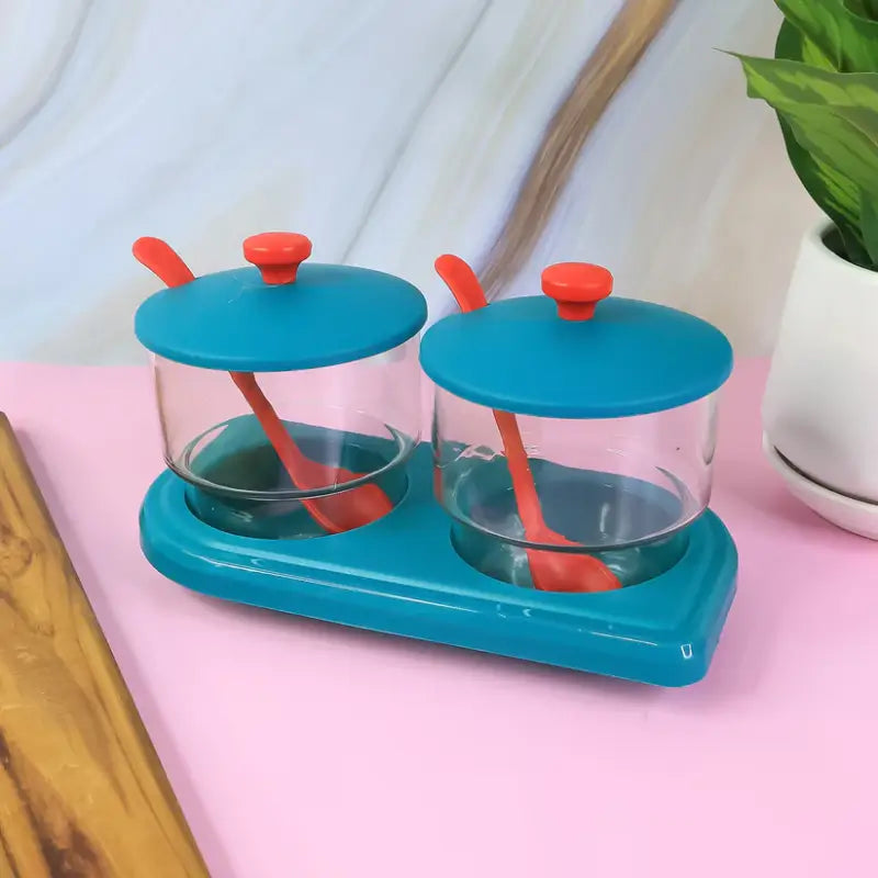 Storewell Multipurpose Spice & Condiment Container Set (2 Pc) | Kitchen Storage Jars with Tray & Spoons