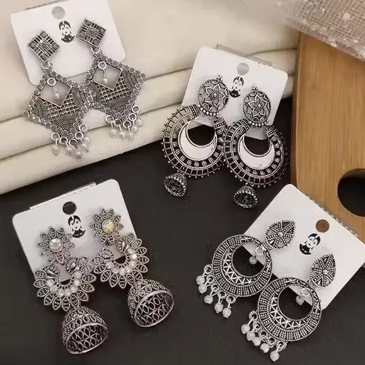 Combo of 4 Pair Oxidised Silver Earrings | Jhumki & Hoop Set for Women & Girls | Indo-Western Stylish Jewellery
