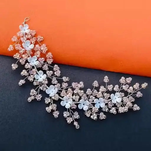 Shimmering Tiara Floral Hair Accessory (Pink) | Crystal Beaded Hair Band | Elegant Wedding & Party Hair Jewelry for Women & Girls