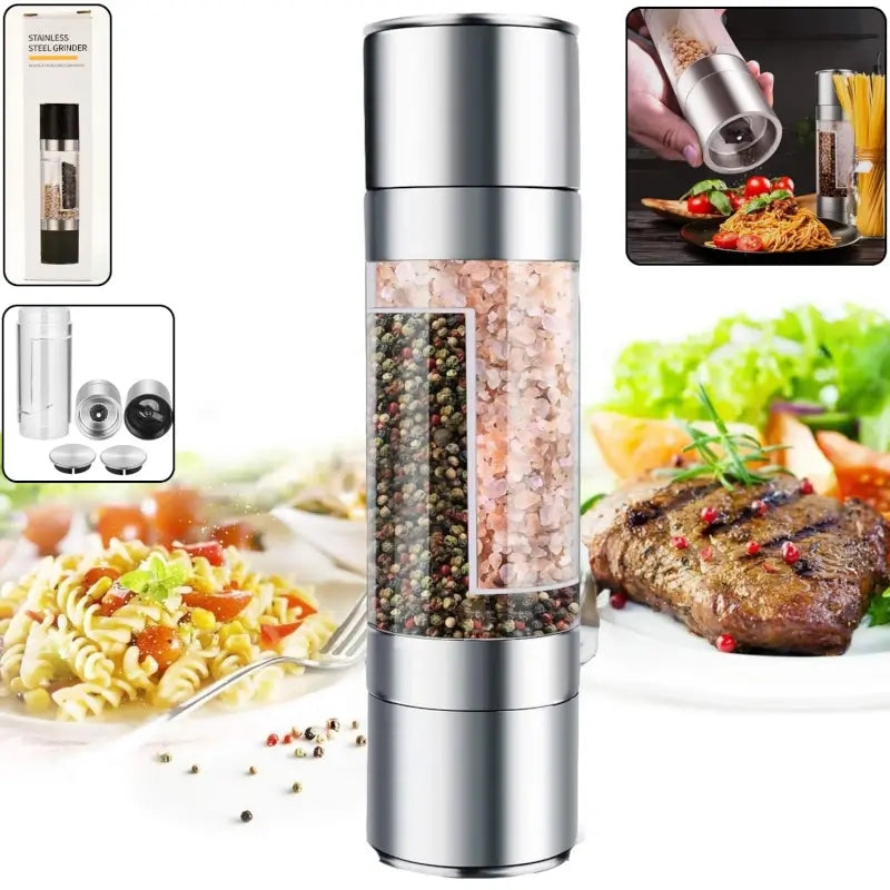 2-in-1 Stainless Steel Salt & Pepper Grinder | Dual-Chamber Manual Spice Mill | Adjustable Coarseness | Refillable Kitchen Seasoning Grinder