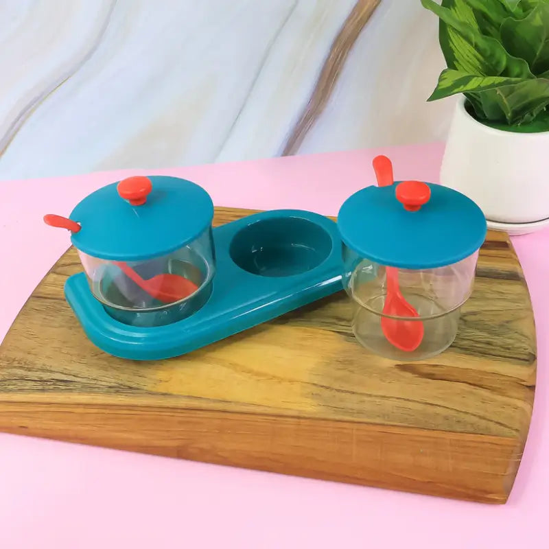 Storewell Multipurpose Spice & Condiment Container Set (2 Pc) | Kitchen Storage Jars with Tray & Spoons