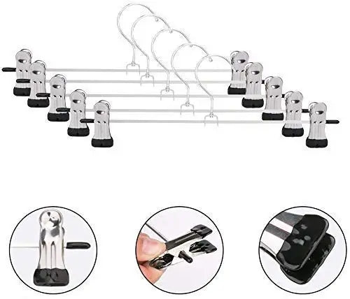 Stainless Steel Adjustable Clip Hangers Set (12 Pieces) | Non-Slip Metal Hangers for Pants, Skirts & Clothes