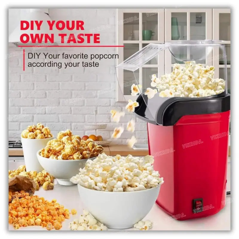 Electric Popcorn Maker | Hot Air Popper Machine | Oil-Free Healthy Snack Maker | Instant Corn Popper for Home | Compact Kitchen Appliance (Red)